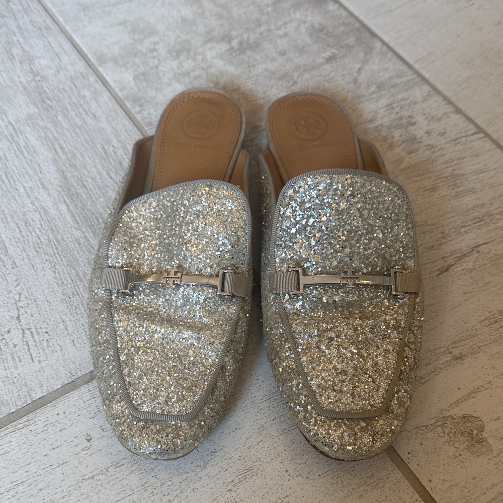 Tory Burch Amelia Glitter Silver Mules